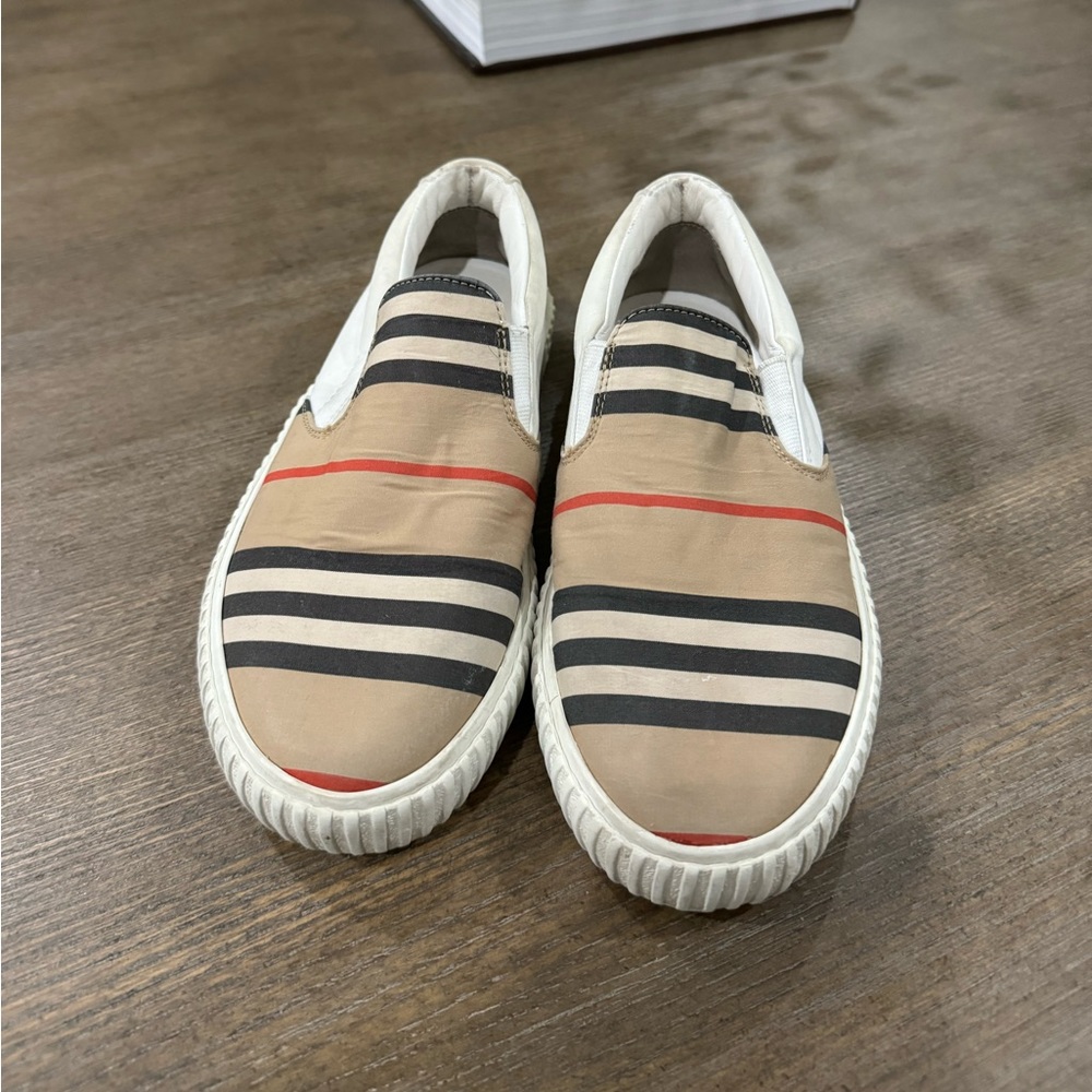 Burberry Beige Tan Striped Kids Slip-On Sneakers